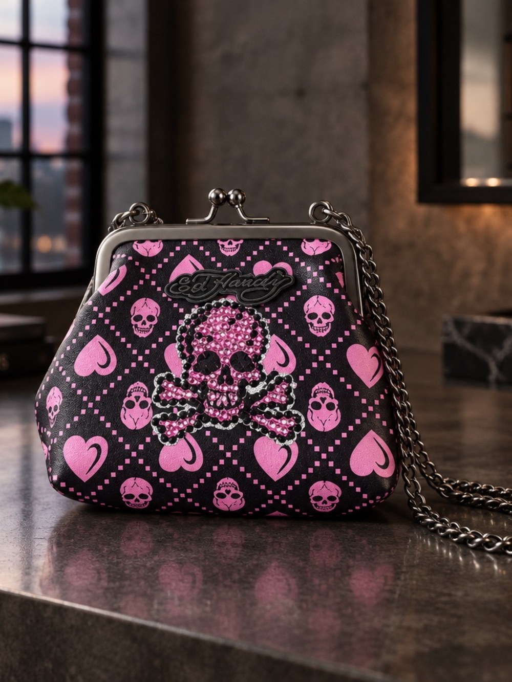 Ed Hardy Pink & Black Skull Crossbones Clasp Small Crossbody and kisslock